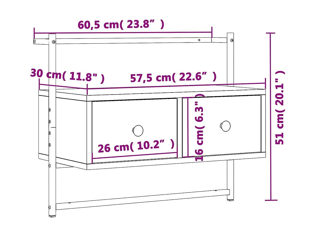 Meuble TV mural chêne marron 60,5x30x51 cm bois d'ingénierie