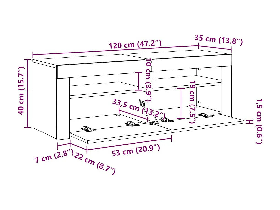 Móvel de TV com luzes LED 120x35x40 cm cinzento sonoma