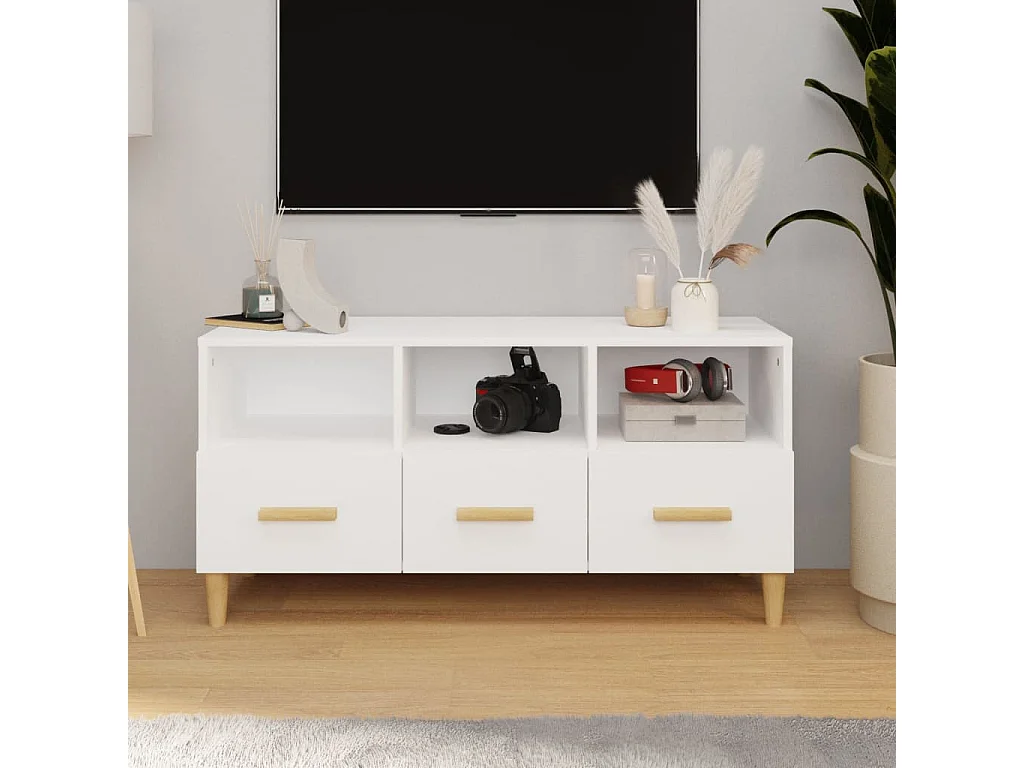 Mueble de TV madera contrachapada blanco brillo 102x36x50 cm