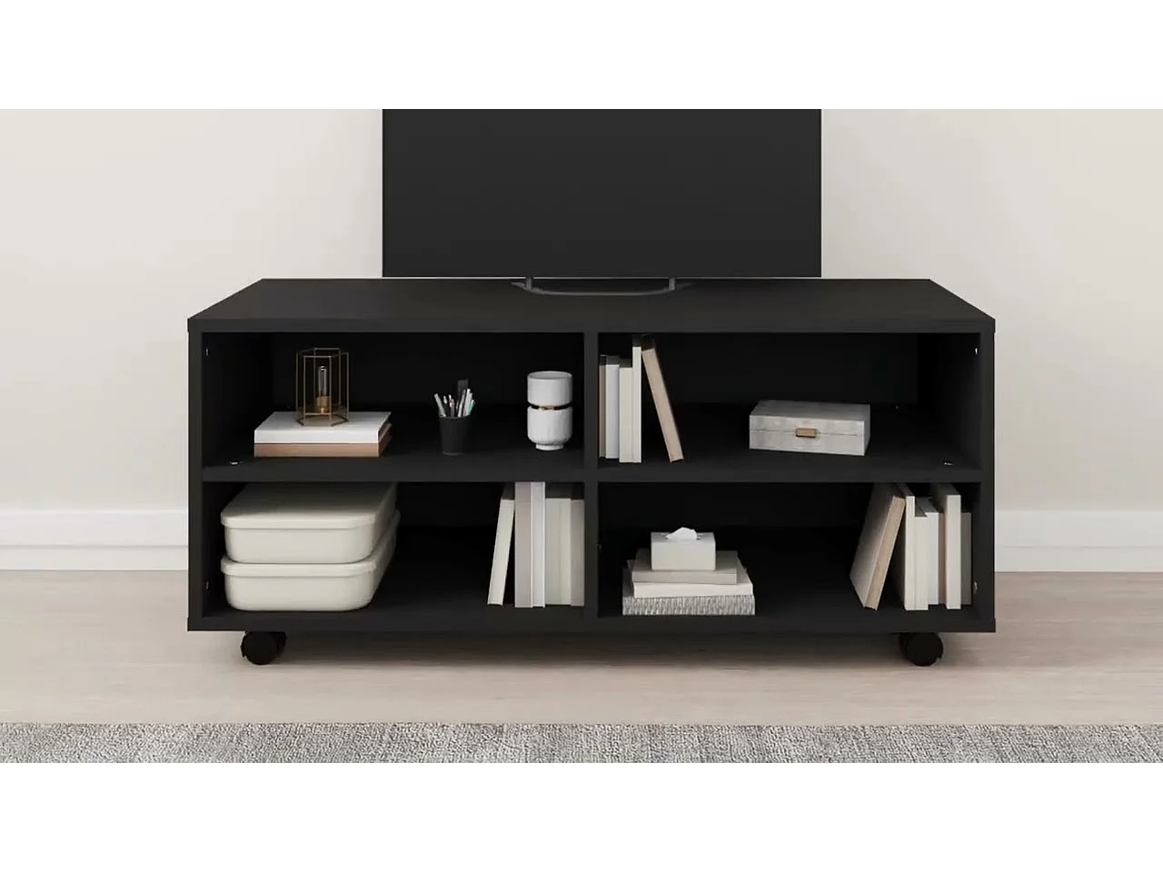 Mueble de TV con ruedas madera contrachapada negro 90x35x35 cm