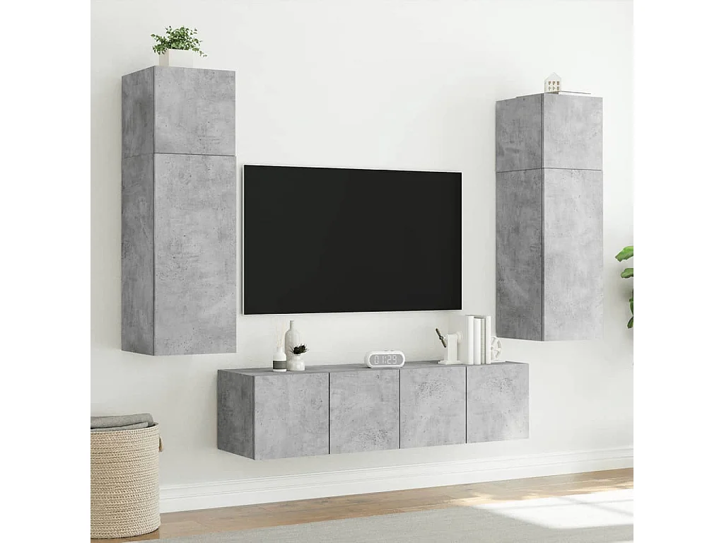 Meubles TV muraux et lumières LED 2pcs gris béton 80x35x31 cm