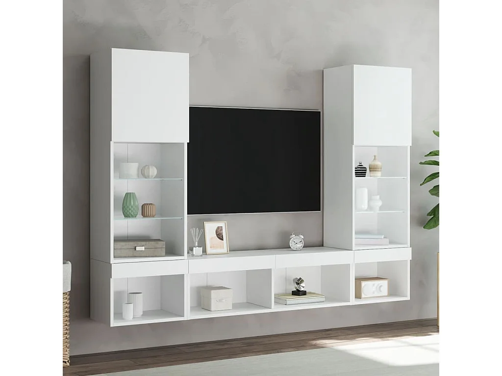 Unités murales TV avec LED 5 pcs blanc bois d'ingénierie