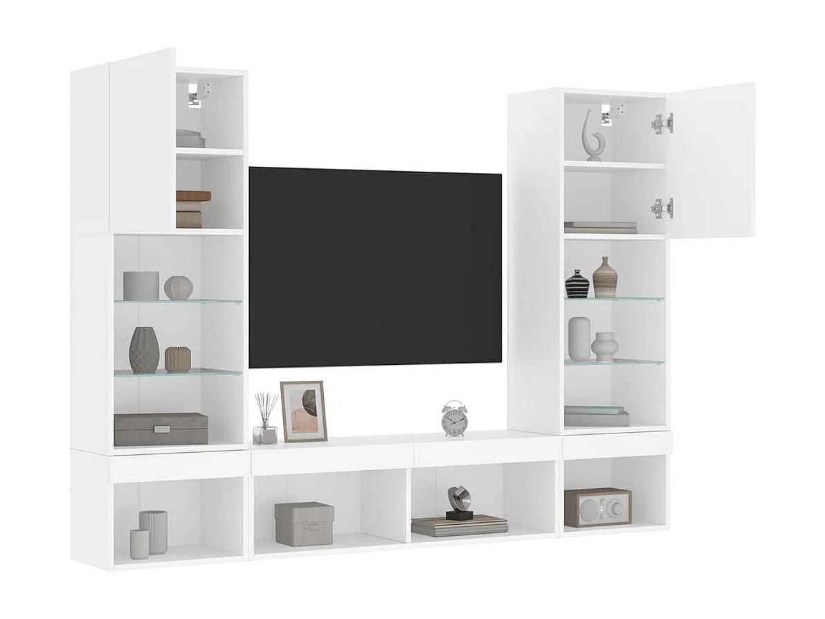 Unités murales TV avec LED 5 pcs blanc bois d'ingénierie