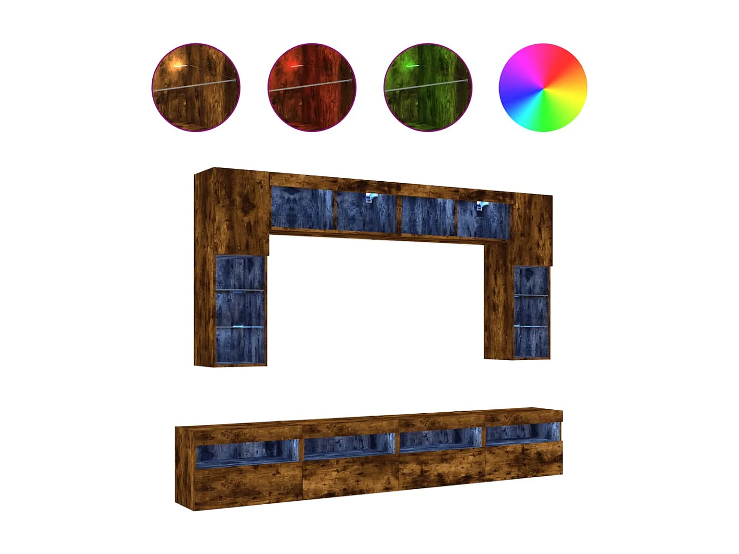 Set Mobili TV a Muro 8 pz con Luci LED Rovere Fumo