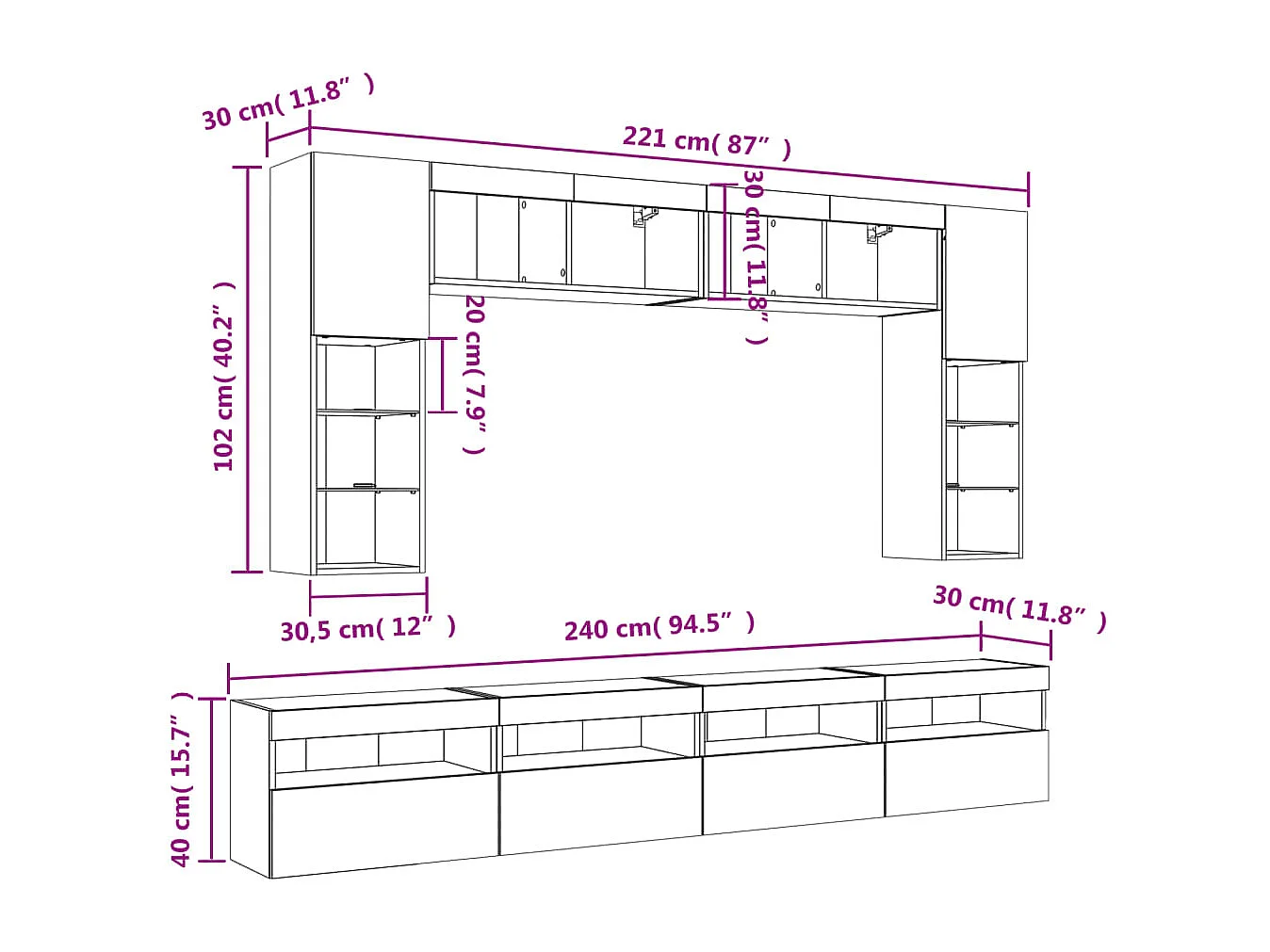 Set Mobili TV a Muro 8 pz con Luci LED Rovere Fumo