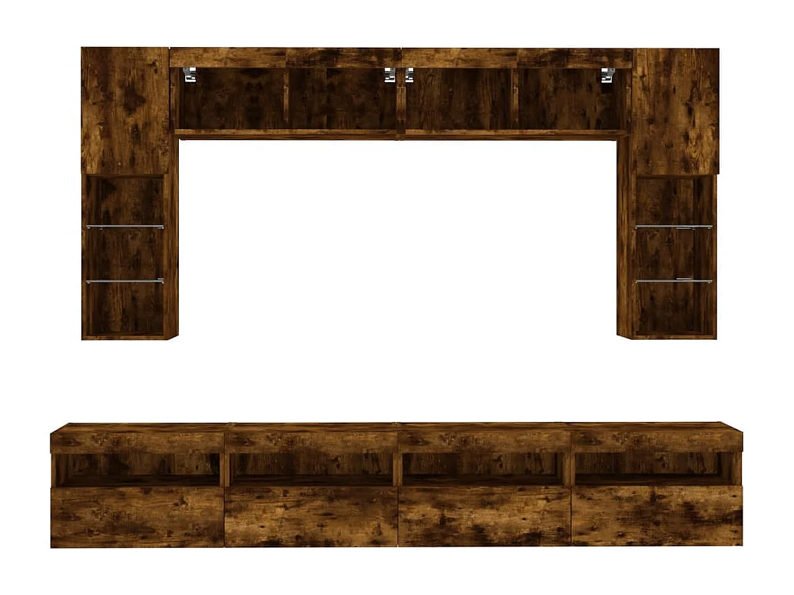 Set Mobili TV a Muro 8 pz con Luci LED Rovere Fumo
