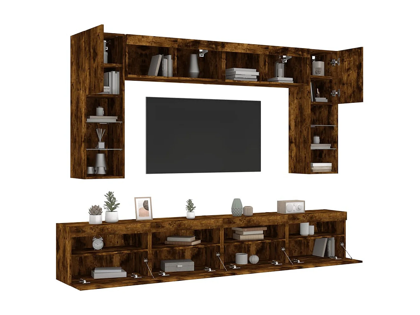 Ensemble de meubles TV muraux 8 pcs et lumières LED chêne fumé