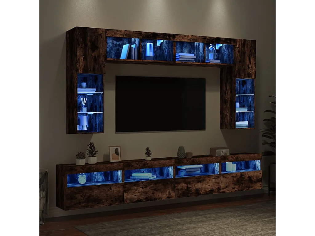 Ensemble de meubles TV muraux 8 pcs et lumières LED chêne fumé