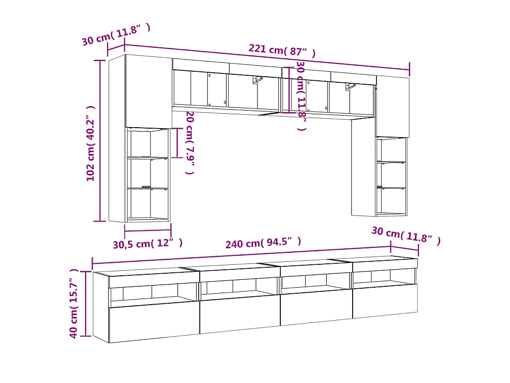 Ensemble de meubles TV muraux 8 pcs et lumières LED chêne fumé