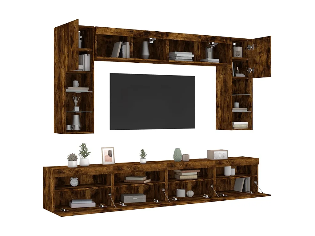 Ensemble de meubles TV muraux 8 pcs et lumières LED chêne fumé