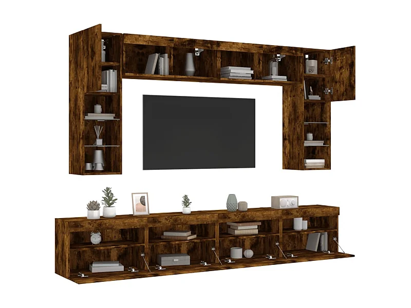 Ensemble de meubles TV muraux 8 pcs et lumières LED chêne fumé