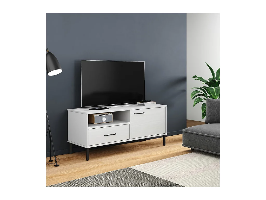 Meuble TV avec pieds en métal Blanc Bois de pin massif OSLO