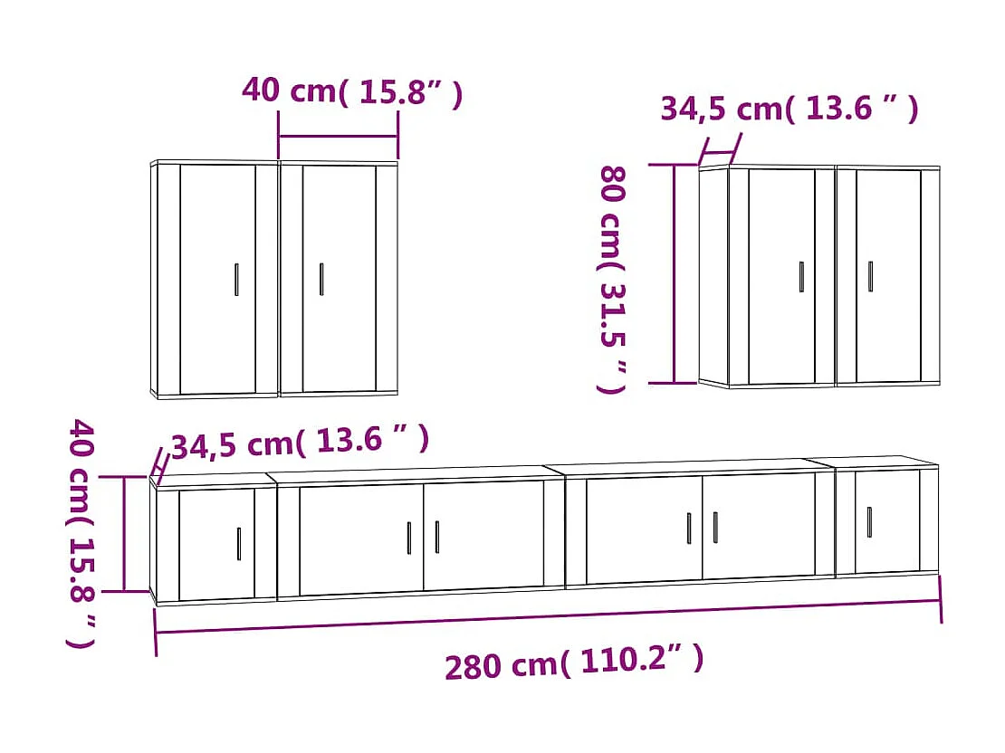 8 pcs conjunto móveis de TV madeira processada branco brilhante