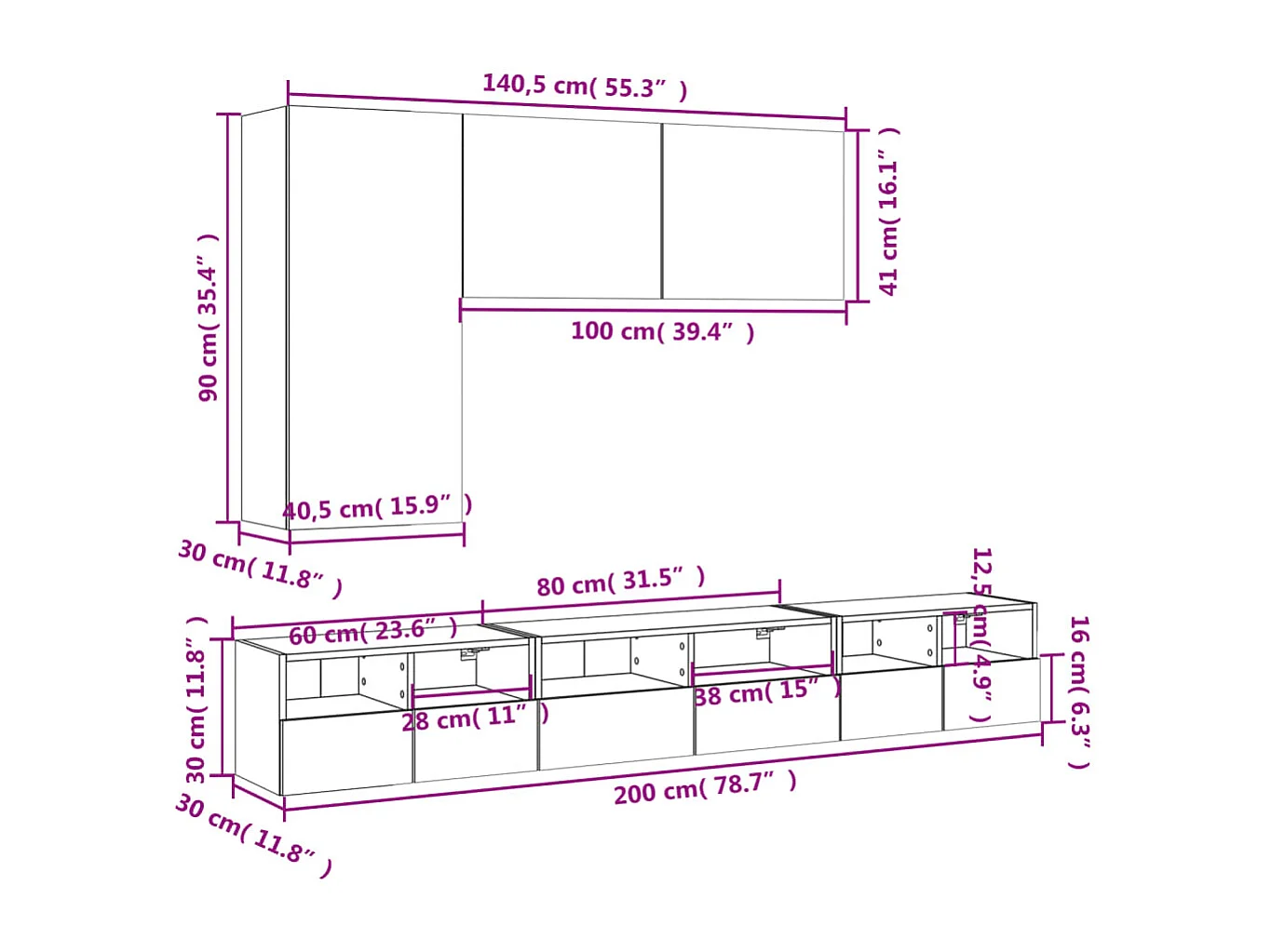 Mobili TV a Muro 5pz Rovere Fumo in Legno Multistrato
