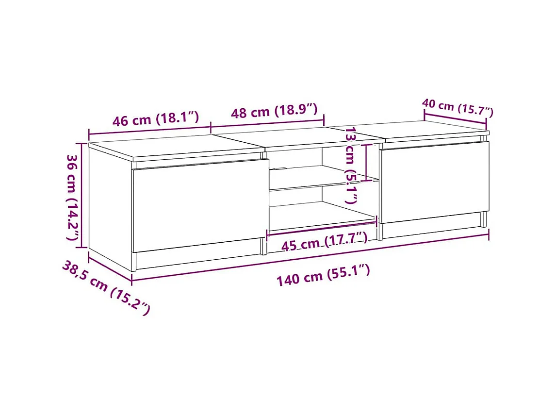 Meuble TV avec lumières LED gris béton 140x40x36 cm