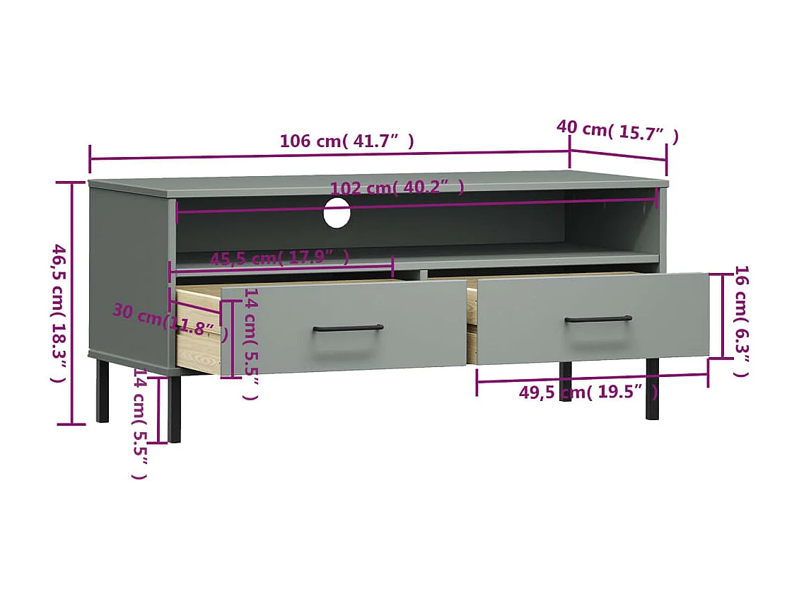 TV-Schrank OSLO mit Metallbeinen Grau Massivholz Kiefer