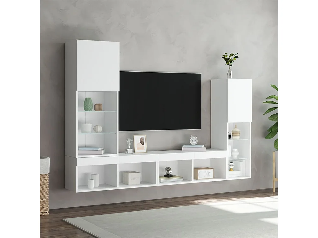 4-delige Tv-wandmeubelset met LED-verlichting bewerkt hout wit