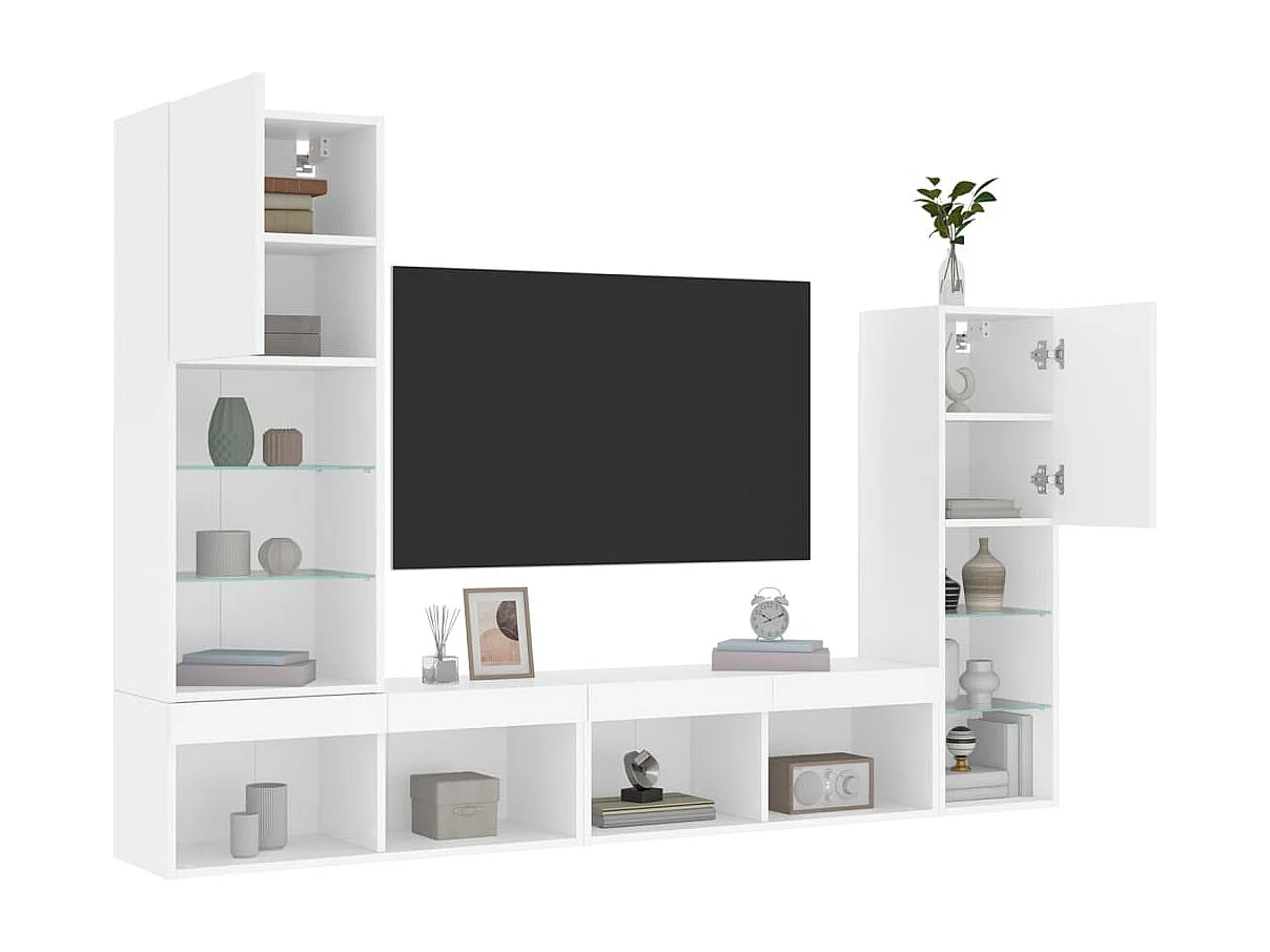 Unités murales TV avec LED 4 pcs blanc bois d'ingénierie