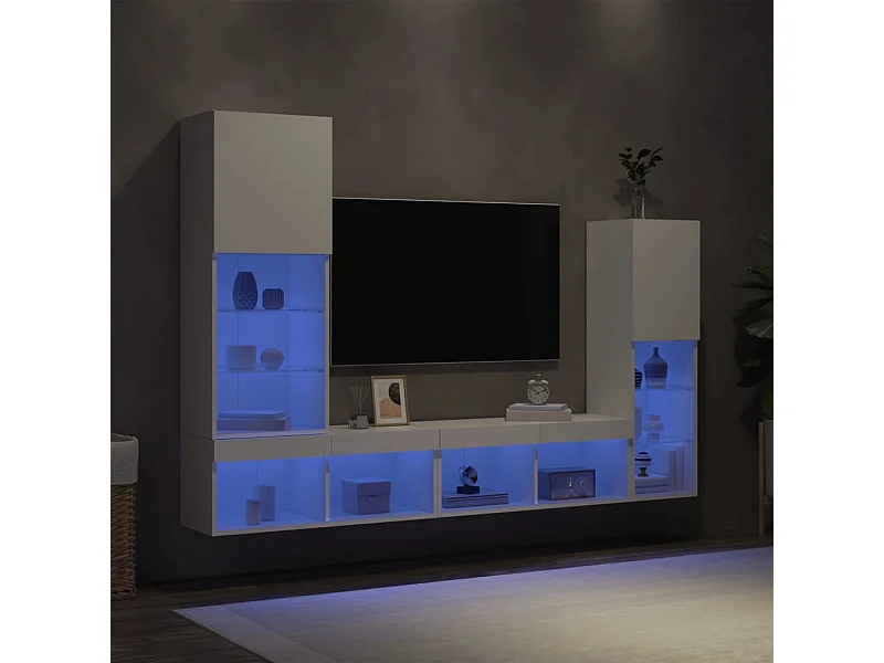 4-delige Tv-wandmeubelset met LED-verlichting bewerkt hout wit