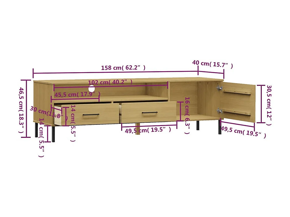 Meuble TV avec pieds en métal Marron Bois de pin massif OSLO