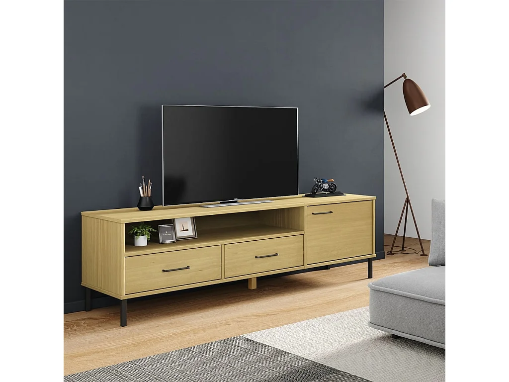 Mobile TV con Gambe Metallo Marrone Legno Massello di Pino OSLO