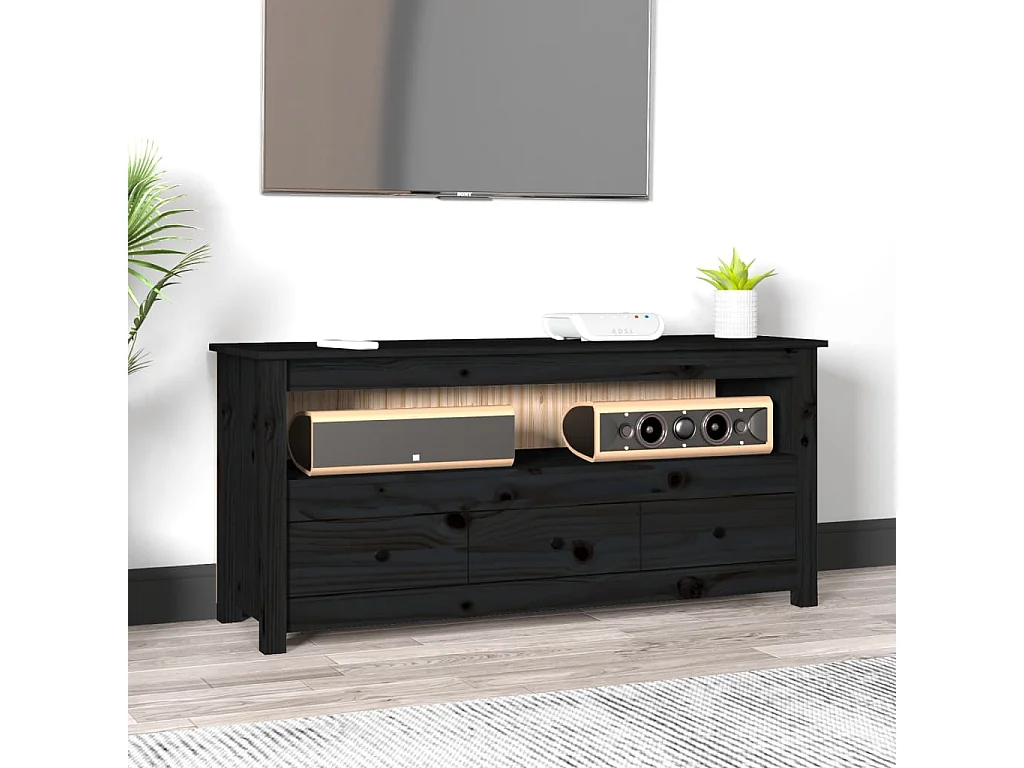 Mobile Porta TV Nero 114x35x52 cm in Legno Massello di Pino