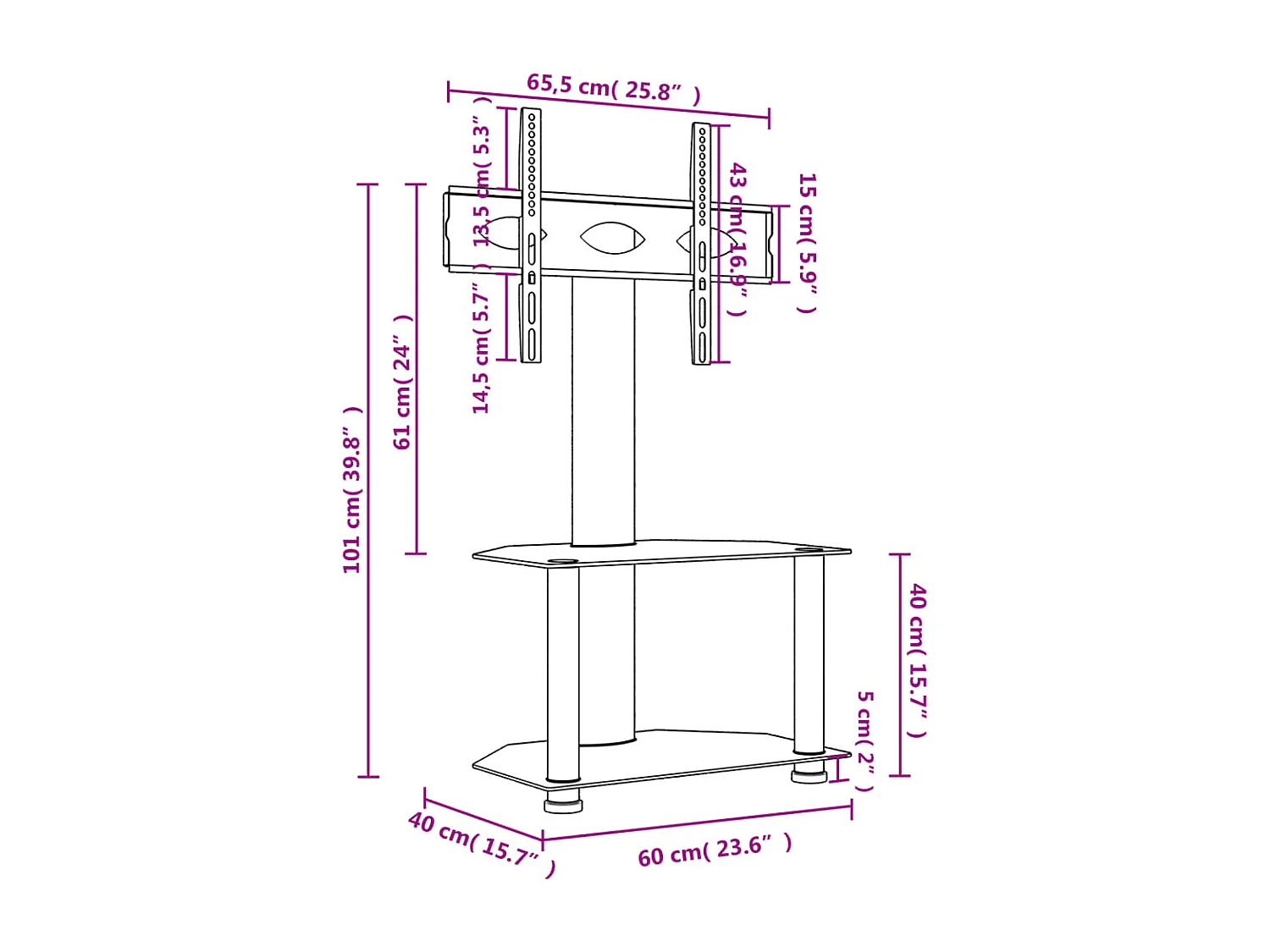 Suporte de canto para TV 32-70 polegadas c/ 2 prateleiras preto