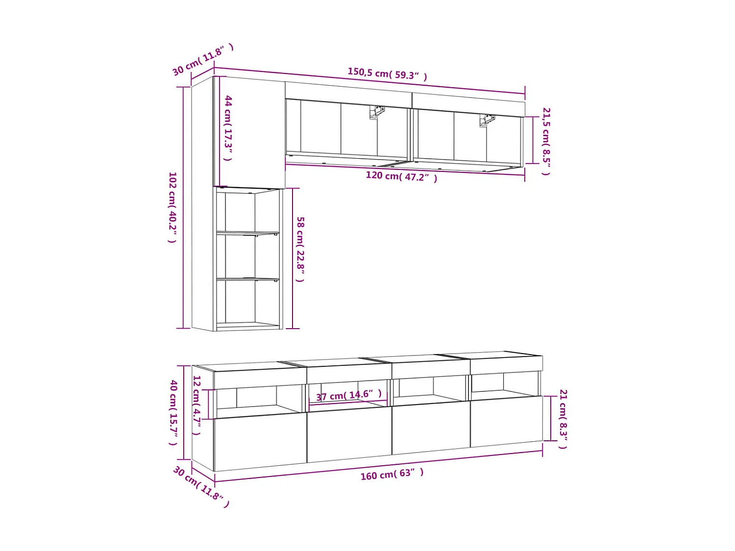 Ensemble de meubles TV muraux 7 pcs avec lumières LED blanc