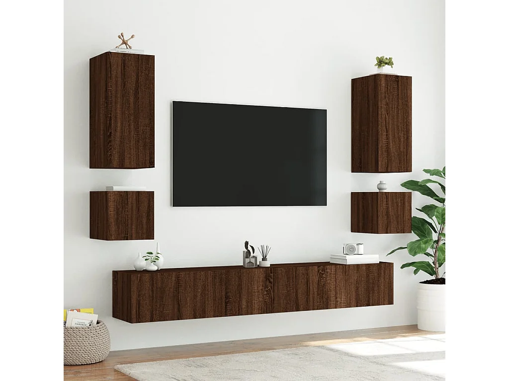 6-delige tv-wandmeubelset met LED-verlichting bruin eikenkleur