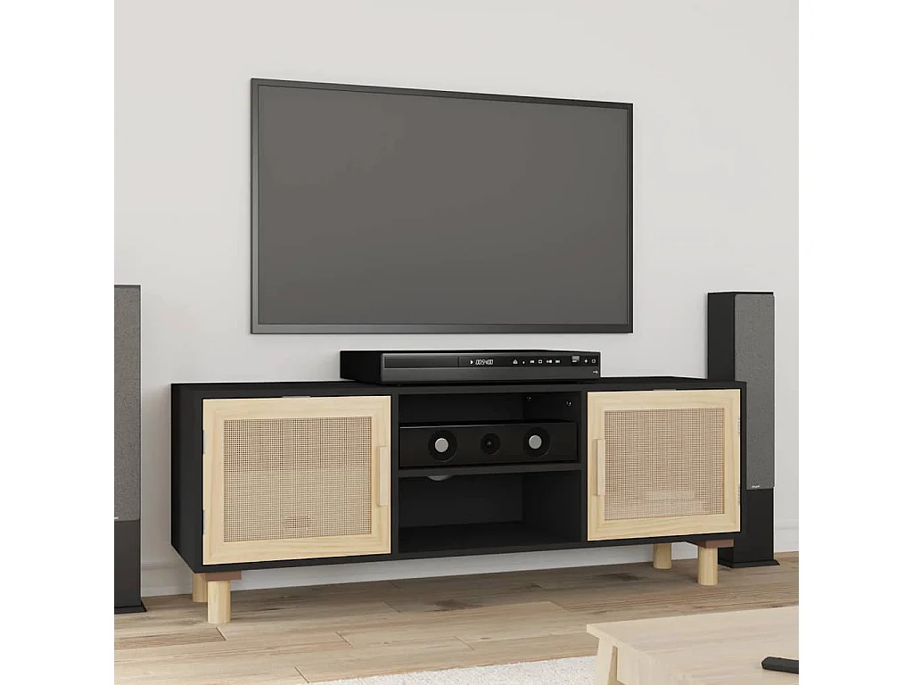 TV-Schrank Schwarz 105x30x40 cm Massivholz Kiefer Natur-Rattan