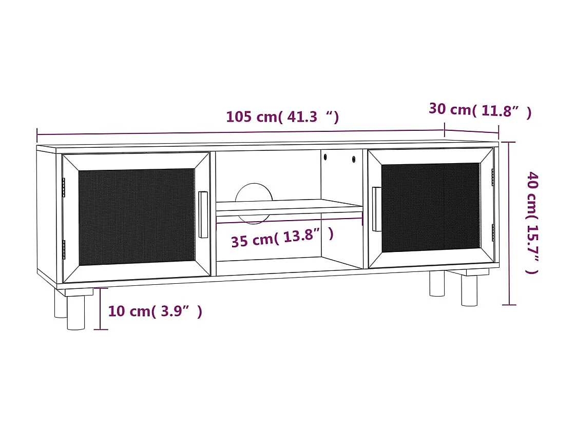 TV-Schrank Schwarz 105x30x40 cm Massivholz Kiefer Natur-Rattan