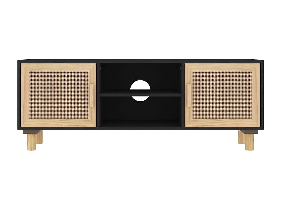 TV-Schrank Schwarz 105x30x40 cm Massivholz Kiefer Natur-Rattan