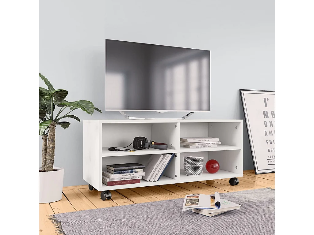 Tv-meubel met wieltjes 90x35x35 cm bewerkt hout wit
