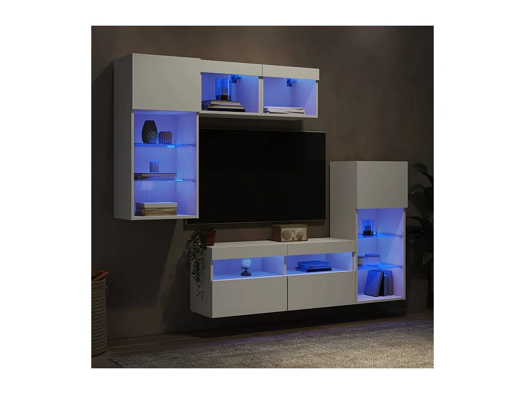 Unités murales TV avec LED 5 pcs blanc bois d'ingénierie