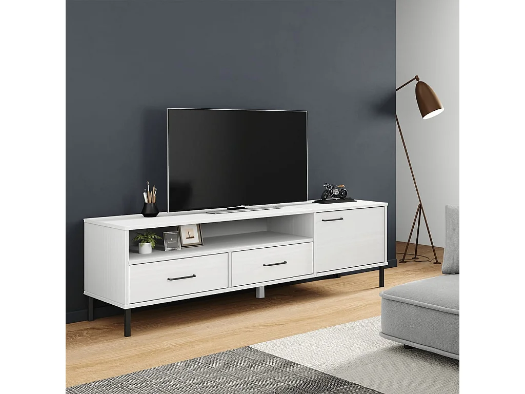 Mobile TV con Gambe Metallo Bianco Legno Massello di Pino OSLO