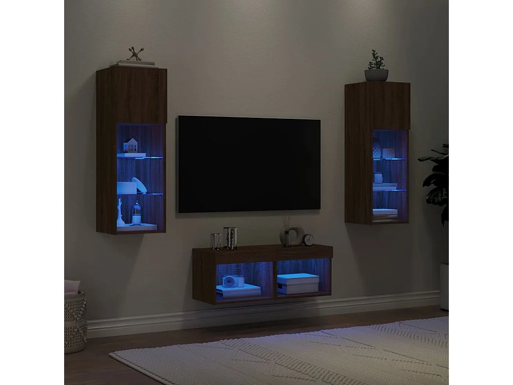 Mobili TV a Muro 4pz con Luci LED Rovere Marrone