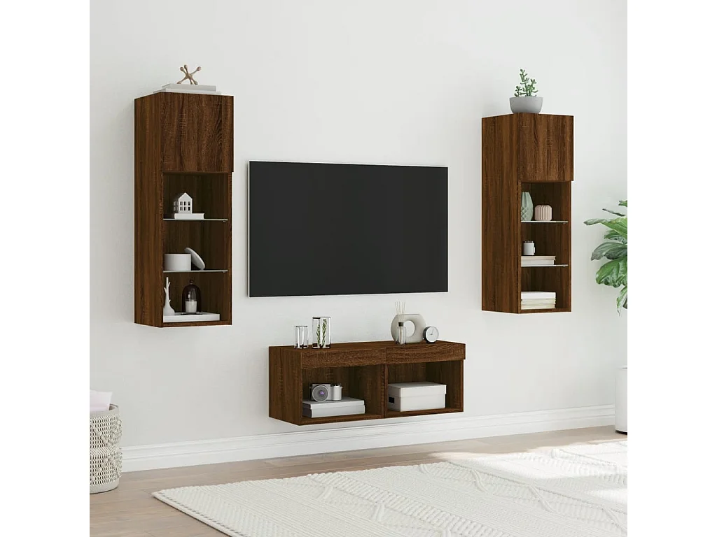 Mobili TV a Muro 4pz con Luci LED Rovere Marrone