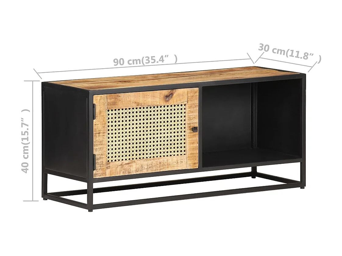 Meuble TV 90x30x40 cm Bois de manguier brut et canne naturelle