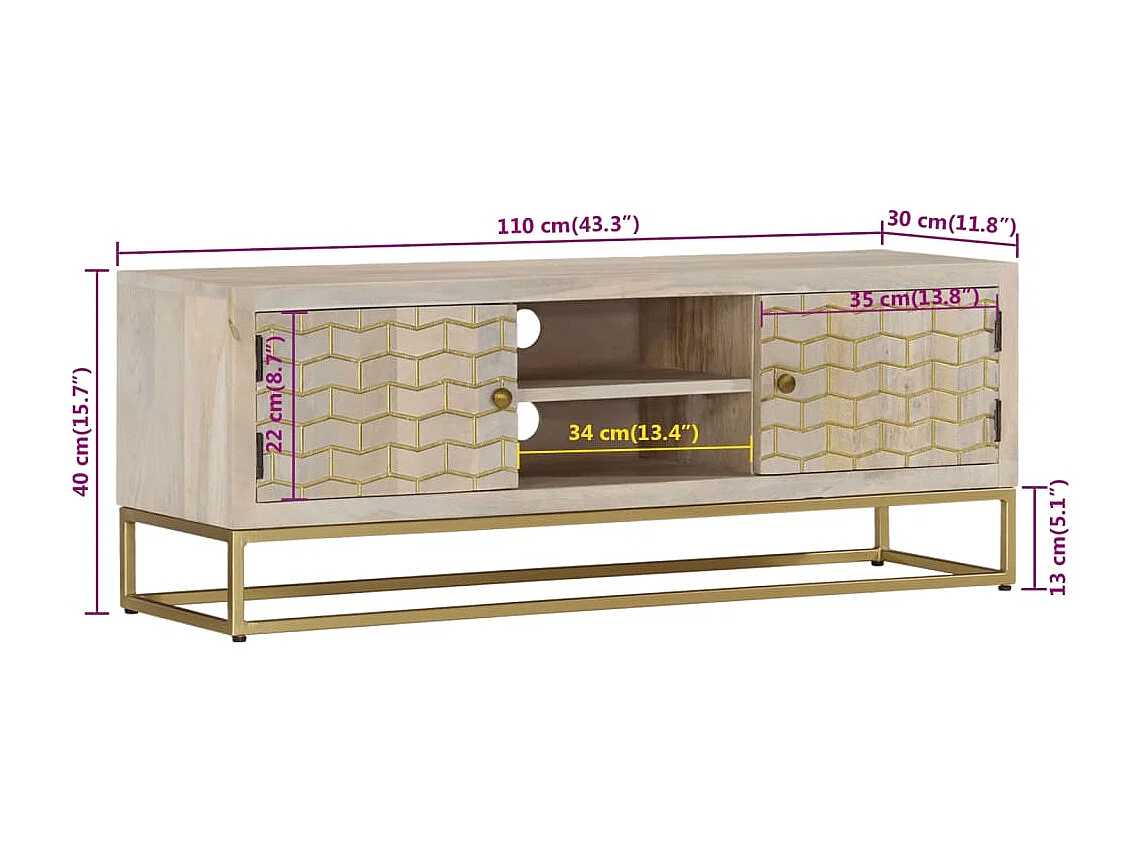 Meuble TV 110x30x40 cm bois de manguier massif blanchi