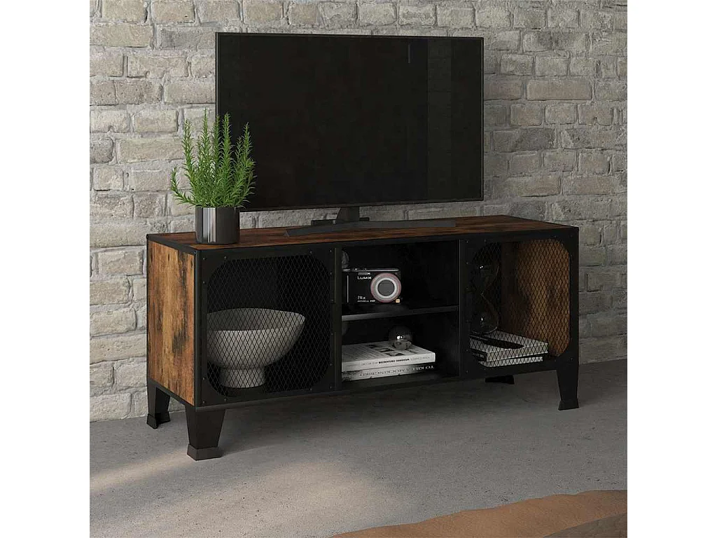 Meuble TV Marron rustique 105x36x47 cm Métal et MDF