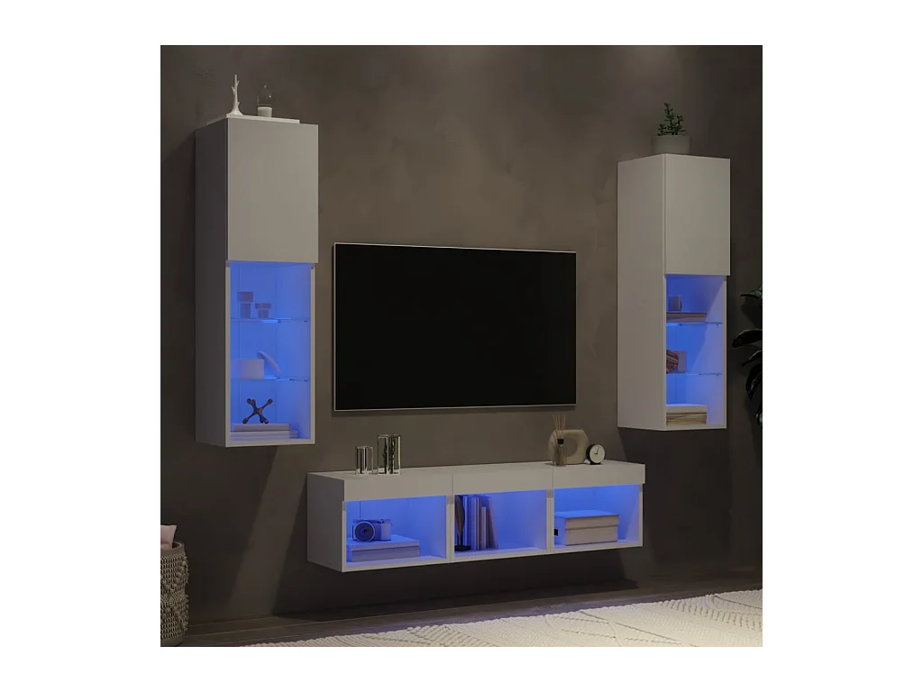 Unités murales TV avec LED 5 pcs blanc bois d'ingénierie