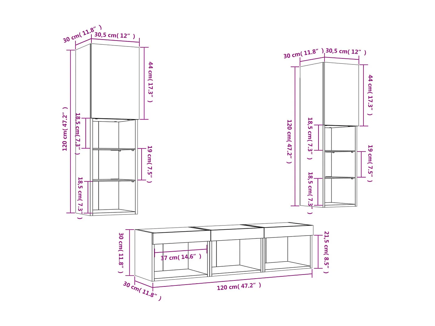 Unités murales TV avec LED 5 pcs blanc bois d'ingénierie