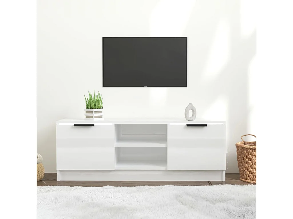 Mueble de TV madera contrachapada blanco brillo 102x35x36,5 cm
