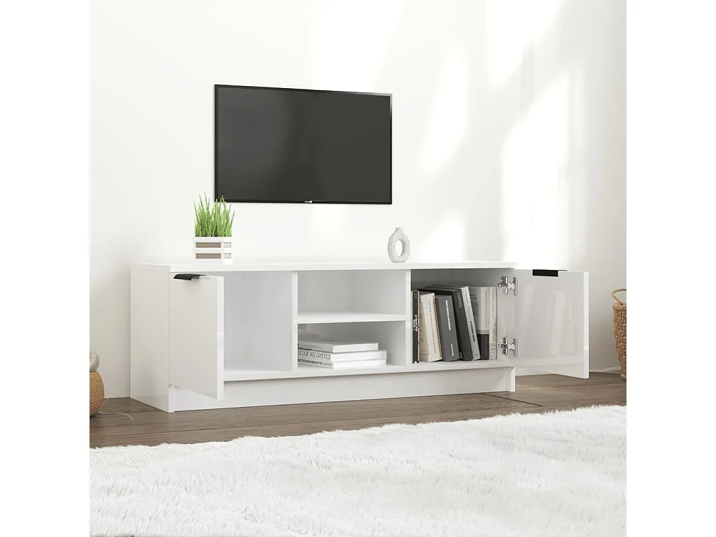 Mueble de TV madera contrachapada blanco brillo 102x35x36,5 cm