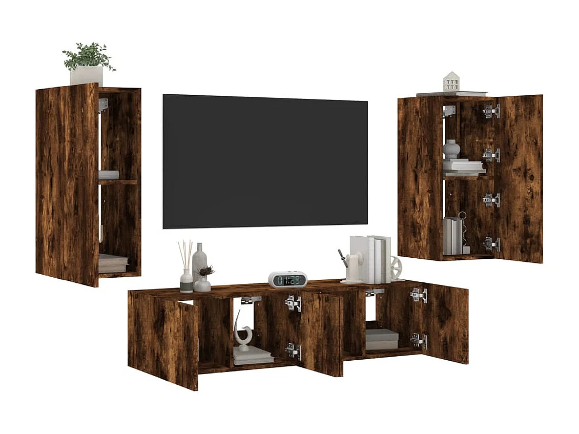 Unités murales TV avec LED 4 pcs chêne fumé bois d'ingénierie