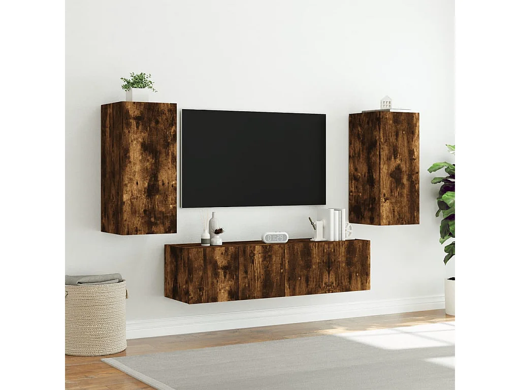Unités murales TV avec LED 4 pcs chêne fumé bois d'ingénierie