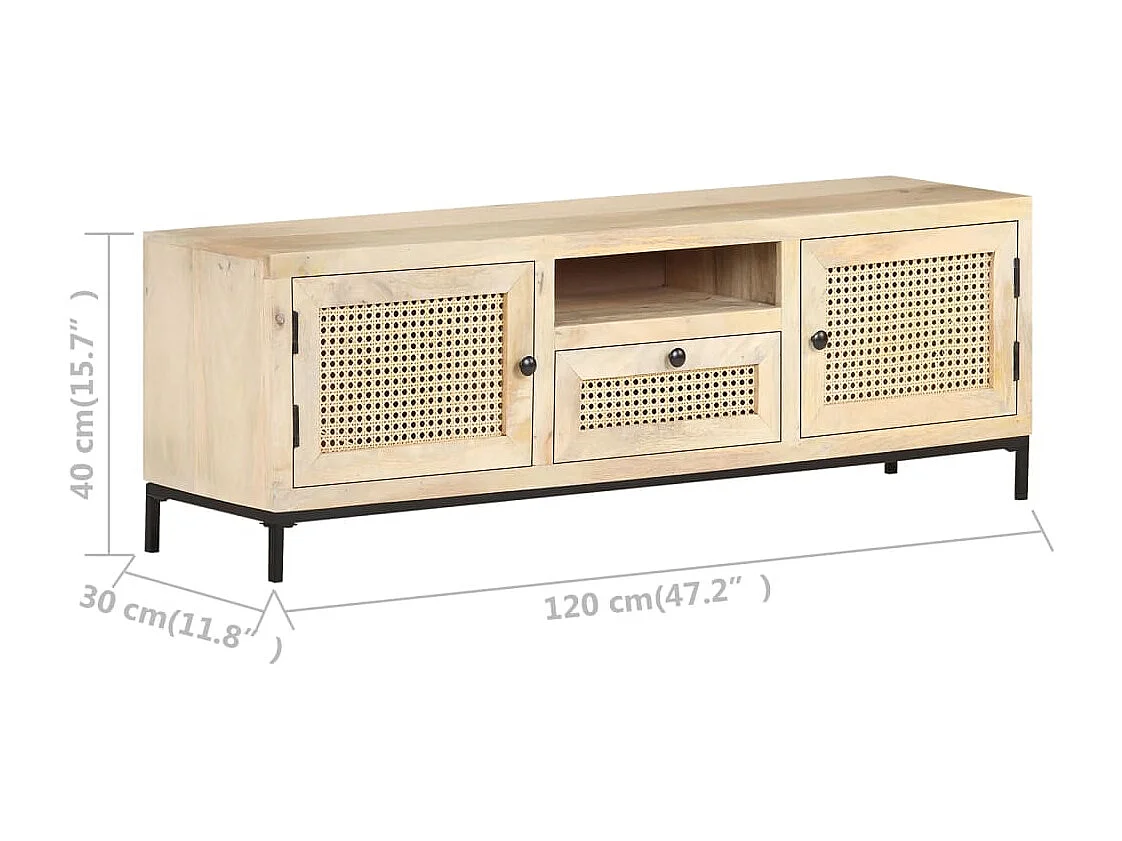 Meuble TV 120x30x40 cm Bois de manguier et canne naturelle