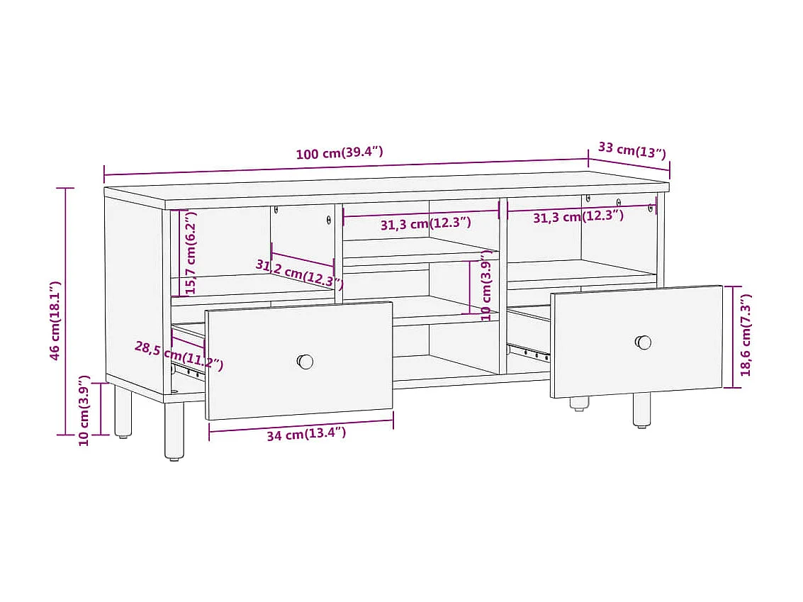 Meuble TV 100x33x46 cm bois d'acacia solide