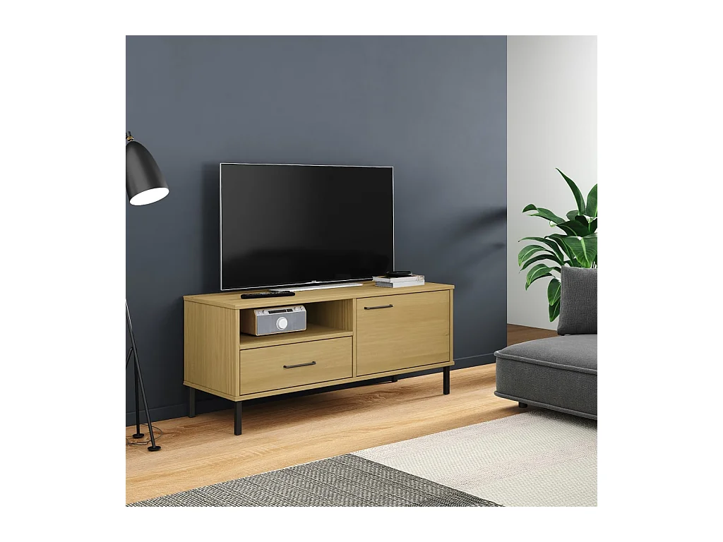 Mobile TV con Gambe Metallo Marrone Legno Massello di Pino OSLO