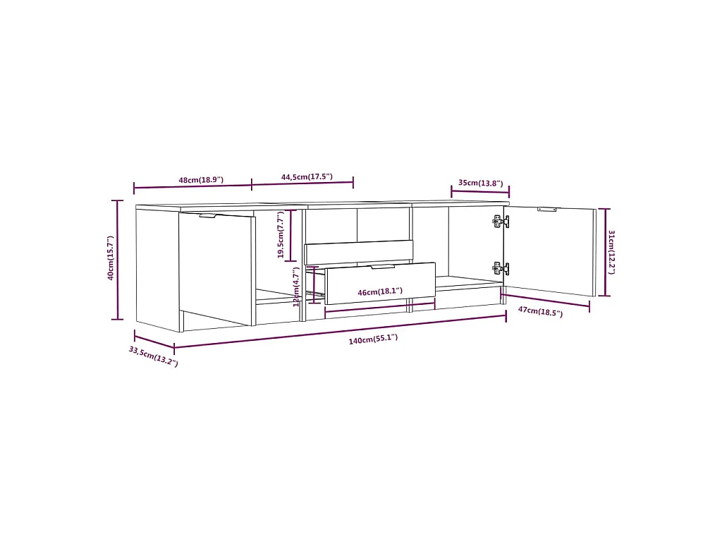 Meuble TV gris béton 140x35x40 cm bois d'ingénierie